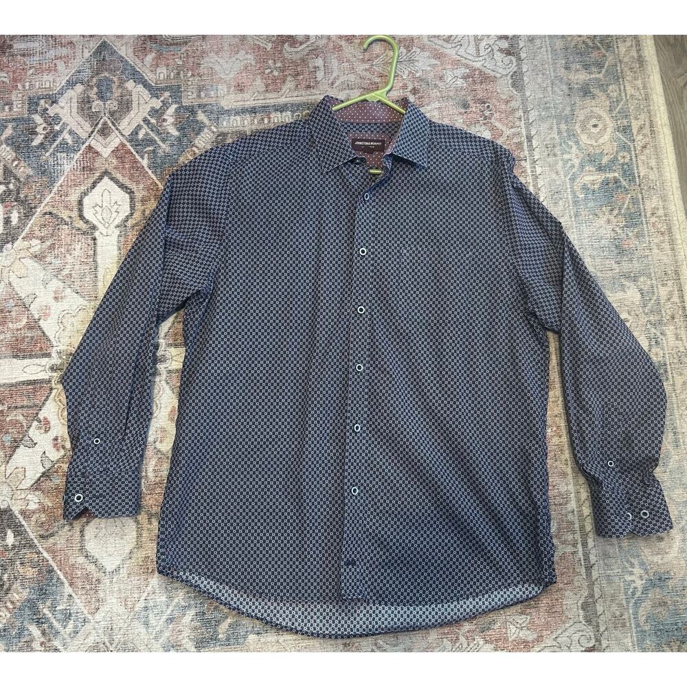 Johnson & Murphy Blue Red Geometric Button Up Cotton Shirt, Sz Large